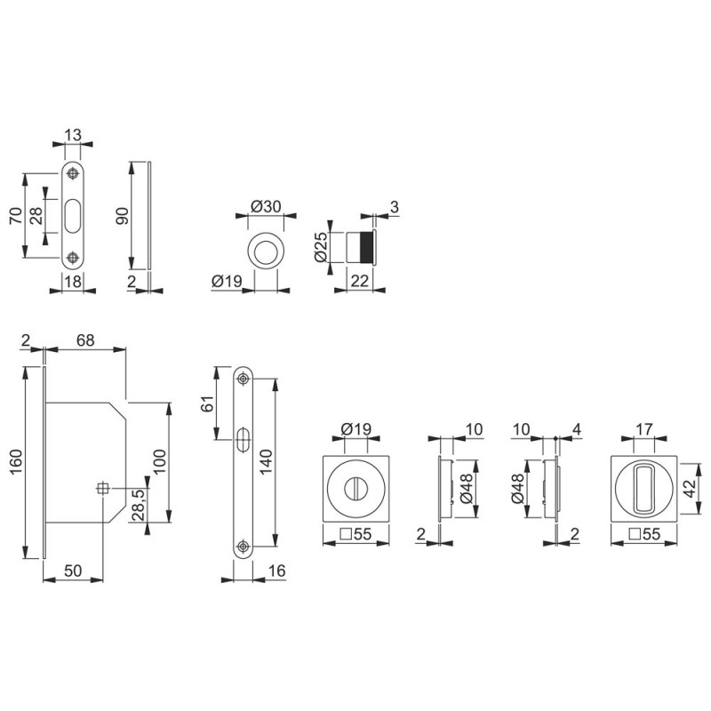 KIT DE CORREDERA HOPPE ROSETA CUADRADA ALUMINIO CROMO SATINADO CON CONDENA