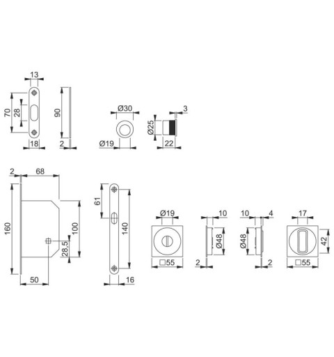 KIT DE CORREDERA HOPPE ROSETA CUADRADA ALUMINIO CROMO SATINADO CON CONDENA